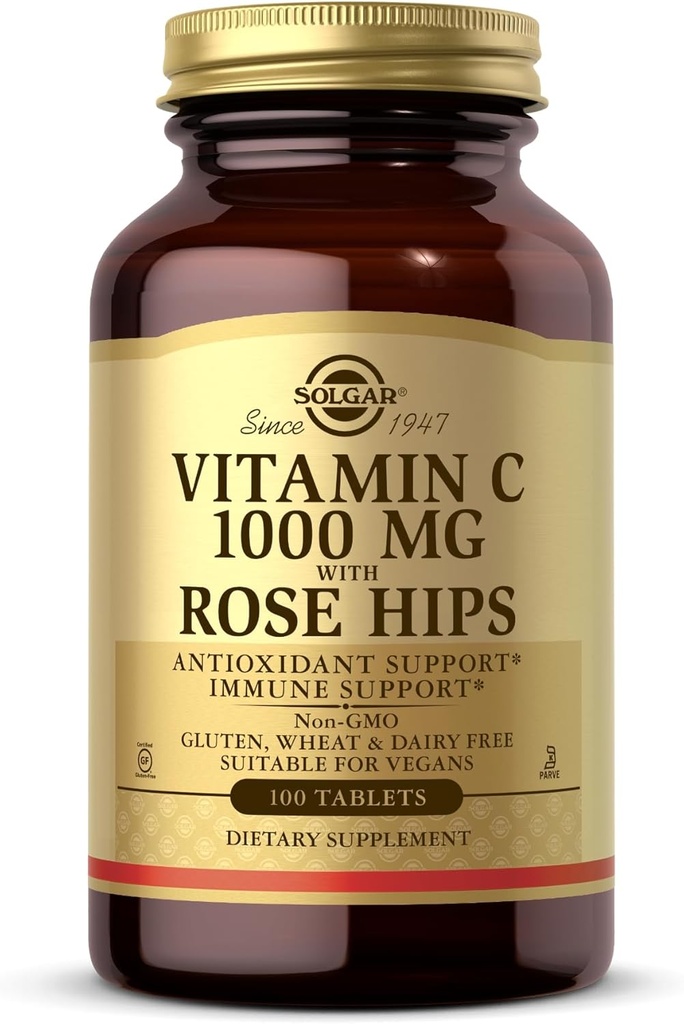 Solgar vitamin C 1000 mg med Rose Hips - 100 tabletter - Antioxidant & immunforsvar - Non- GMO, Vegan, Gluten Free, Dairy Free, Kosher - 100 Servere