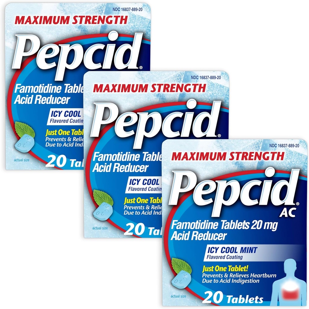 Pepcid AC Maksimal styrke Heartburn Relief Tablets, Prevents & Relieves Heartburn & Acid Reflux På grund af syrefordøjelse, 20 mg Famotidin, ICY Cool Mint Flavor, Multipack, 3 x 20 ct