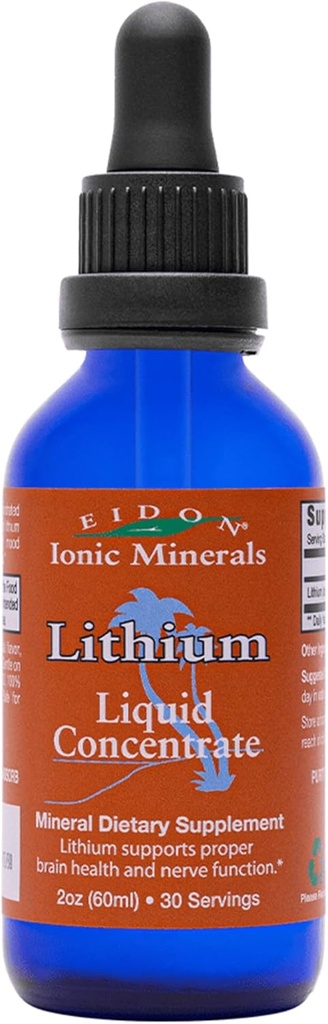 Eidon Ionic Minerals Lithium - Lithium Chloride Drops Supplement, Minerals Drops for Water, Promote Brain Health, Support Cognition, Assist in Vitamin B12 og Folate Transport, 2 oz.