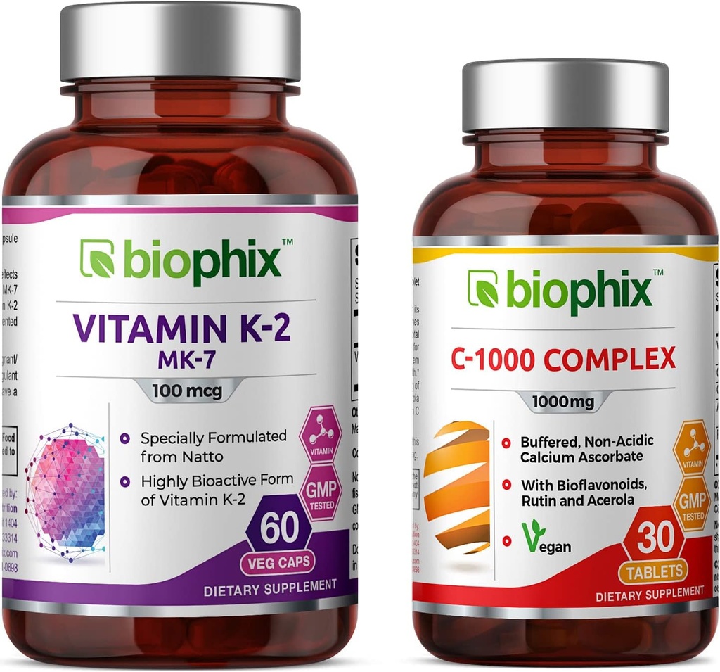 biophix vitamin K2 MK- 7- 100 mcg 60 - Gratis vitamin C- 1000 30 tabletter - Understøtter stærke knogler immunforsvar