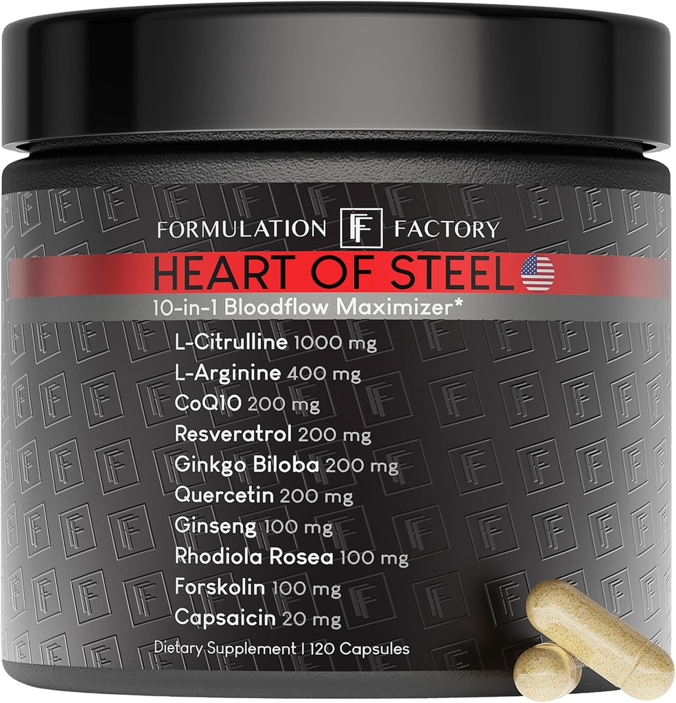 Formulering Factory Heart of Steel: 10- in-1 Metabolic Maximizer Nitroxide Supplement, Blood Pressure Support, L Arginin, L Citrullin Natural Pre- Workout: Energistyring 120 Tæl