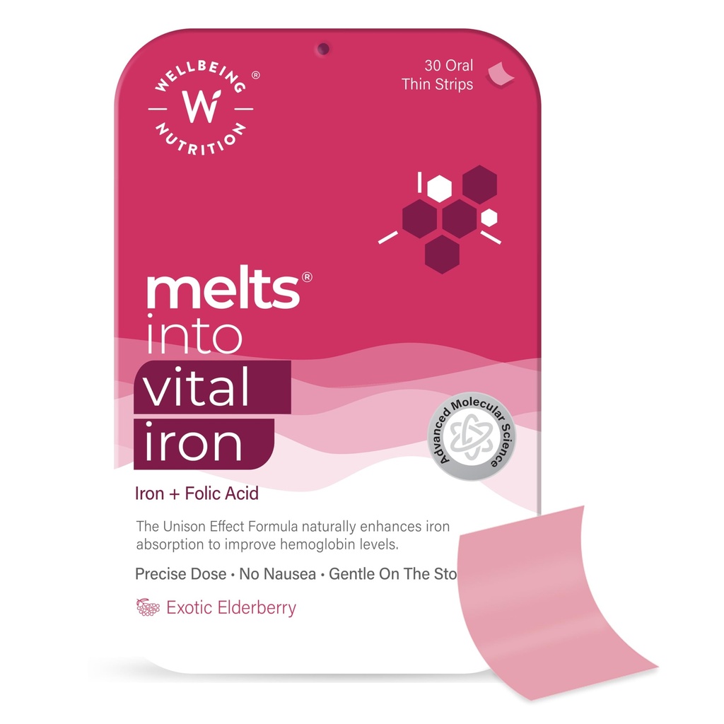 WELLBEING NUTRITION smelter Nano Jern Budding 124; Plant baseret jern, rødbeder, Swiss Chard, Græskar Frø, C-vitamin og folat til forbedret hæmoglobin, Oxygen Binding Kapacitet & Blood Building (30 Oral Strips)