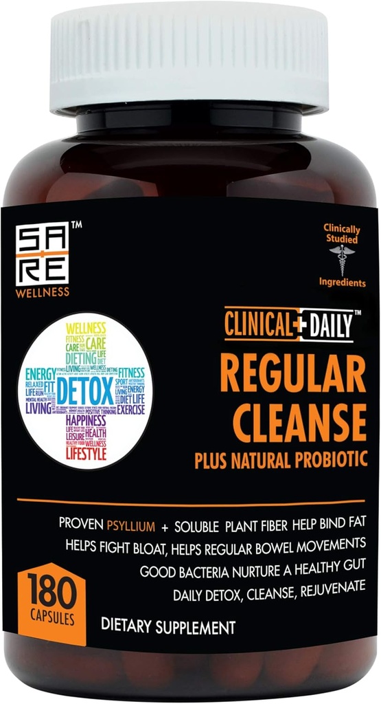 Clinical Daily Regular Cleanse Plus Natural Probiotic - Colon Cleanse & Gut Detox Supplement - Assister med energi og obstipation Relief - Urtefiber Psyllium Husk Kapsler - 180 Greve