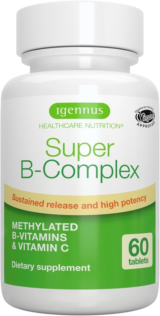 Igennus Super B- Complex Methylerede B-vitaminer, Alle dages ernæring levering, Ren etiket, MTHFR tillæg med methylfolat & B12 Methylcobalamin, Vegan, Lab Verified, 60 små tabletter