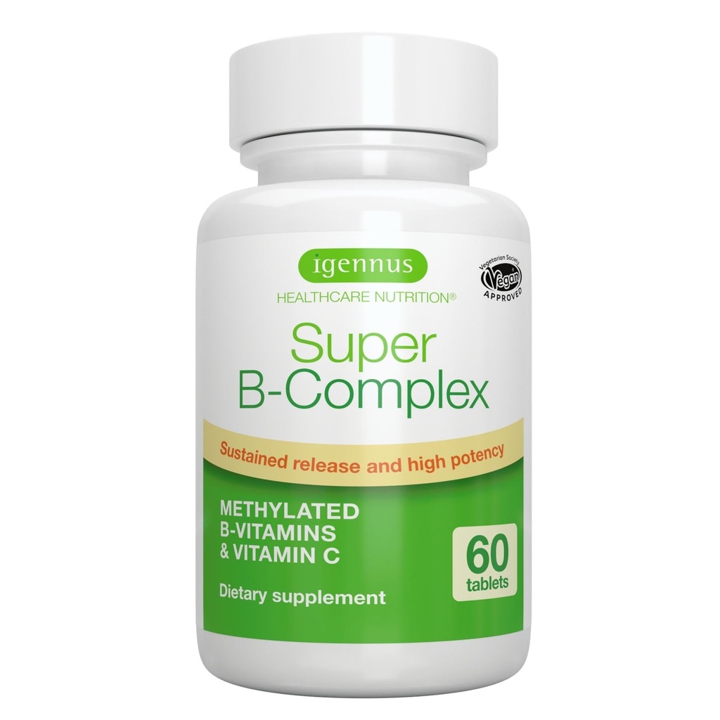 Igennus Super B- Complex Methylerede B-vitaminer, Alle dages ernæring levering, Ren etiket, MTHFR tillæg med methylfolat & B12 Methylcobalamin, Vegan, Lab Verified, 60 små tabletter