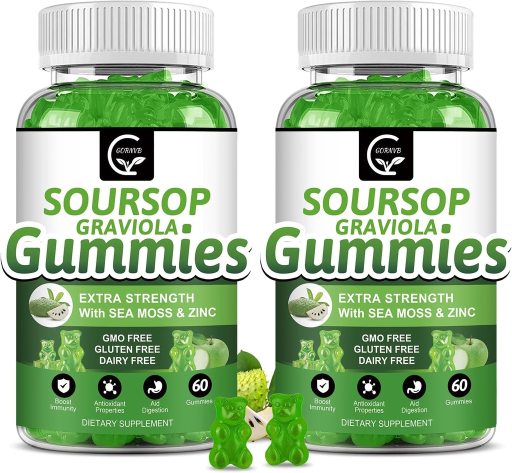 (2 Pack) Soursop Graviola Gummies - 2200mg Extra Strength Soursop Leaves Extract w / Sea Moss Extract 200mg, Zink & Vitamin C - Understøtter immunitet, lever & fordøjelse, Gluten Free, Vegan, 120 Gummies