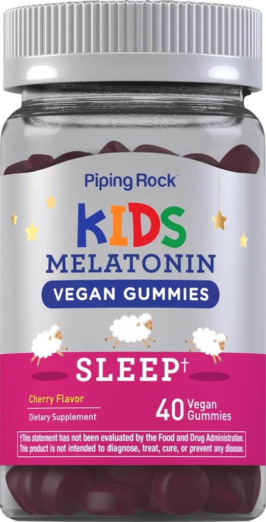 Piping Rock Kids Melatonin Gummy 1 mg 12, 40 Gummies 124; Cherry Flavor 124; Vegan, Non- GMO, Gluten Free Supplement