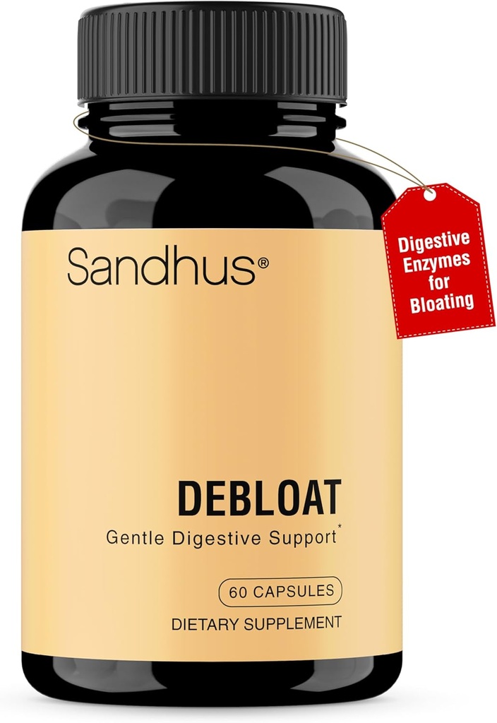 Sandhu 's Debloat fordøjelsesenzymer Kapsler 124; Hjælper Ease Bloating and Water Retention Measurement 124; Multi- Enzyme Complex med ingefær, Mælkebøtte & Fennel Measurement Supplement for kvinder & mænd Measurement 124; 60 Greve