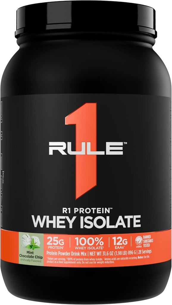 Regel 1 R1 Protein Whey Isolate - med 25g Protein & 6g BCAA Eksklusivt fra Isolated & Hydrolysed Kilder til træning Inddrivelse (2 Pund *, Mint Chocolate Chip)