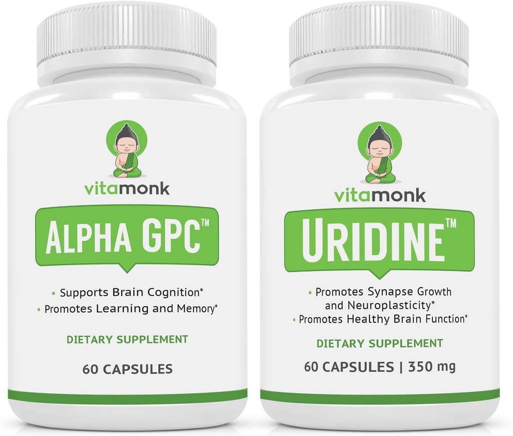 VitaMonk Alpha GPC og Uridine Stack - Happy Stack - Uridin Monophosphat uden kunstige fyldstoffer - Biotilgængelige koline kosttilskud Promote Cognition, Focus, Mental Clarity