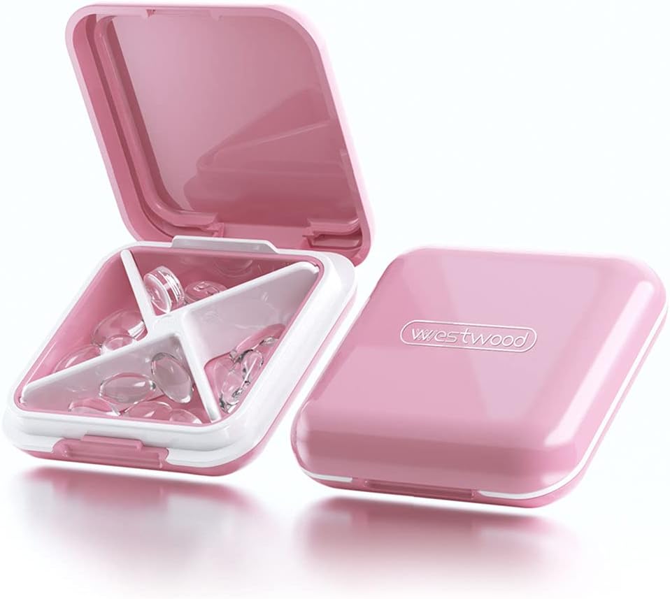 Small Pill Box, Travel Pill Case, Dtouayz Portable Medicine Organizer, Vitamin and Medication Dispenser, Cute Daily Pill Holder for Purse or Pocket, Waterproof 4 Compartment Travel Pill Container Pink