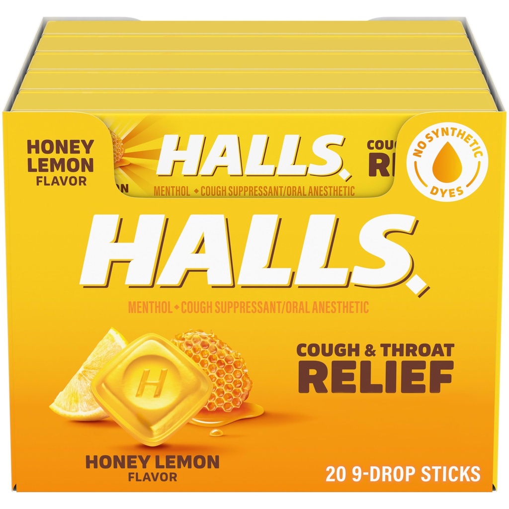 HALLS Hoste og hals Relief Honey Lemon Hough Drops, 20 sticks af 9 (180 Total Drops)