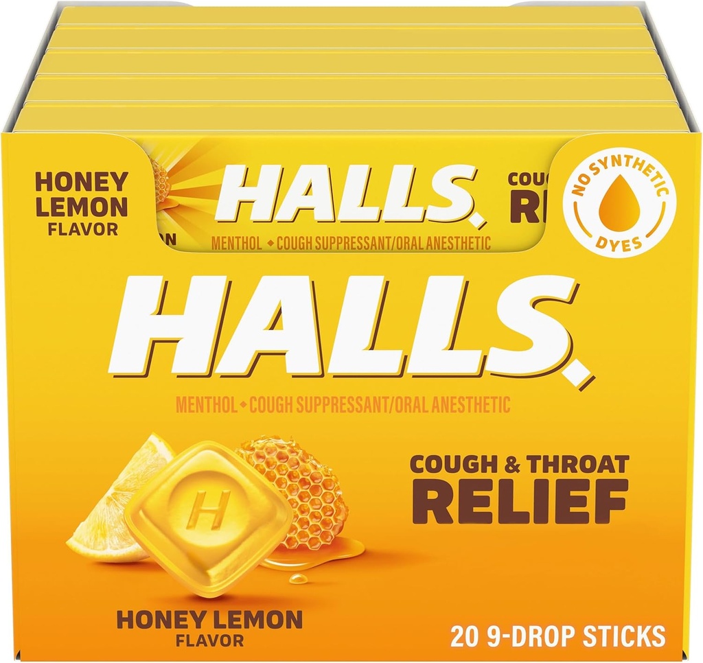 HALLS Hoste og hals Relief Honey Lemon Hough Drops, 20 sticks af 9 (180 Total Drops)