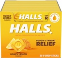 HALLS Hoste og hals Relief Honey Lemon Hough Drops, 20 sticks af 9 (180 Total Drops)