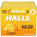 HALLS Hoste og hals Relief Honey Lemon Hough Drops, 20 sticks af 9 (180 Total Drops)
