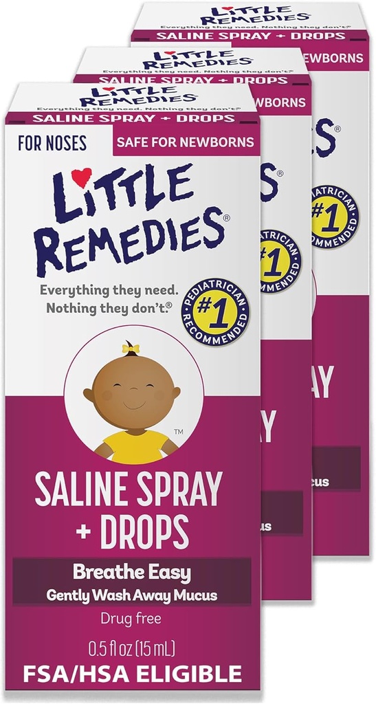 Little Remedies Steril Baby Saline Nasal Spray and Drops, Safe for Newborns to Relieve Stuffy and Try Noses, 0.5 Fl Oz, Pack af 3