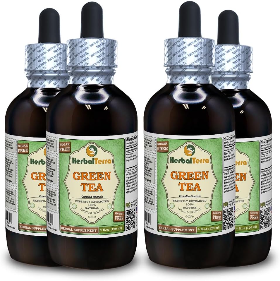 Grøn te (Camellia Sinensis) Glycerit, Økologisk Tørrede blade Alkohol- Free Liquid Extract (Brand Name: HerbalTerra, Stolt Made in USA) 4x4 fl.oz (4x120 ml)