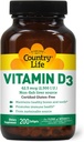 Country Life Vitamin D3 2500 IE - Non- Fish Derived, High Potency Vitamin D3 for ben styrke, immunforsvar & Calcium Absorption - Certificeret Gluten- Free, 200 Softgels