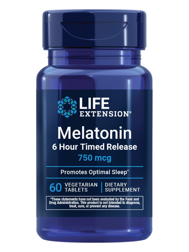 Life Extension Melatonin 6 Hour Timeed Release, 750 mcg, Extended-Release Formel til genert dvalestøtte, sunde cirkadiske rhythms, cellular Defense, Gluten- Free, Non- GMO, Vegetar, 60 tabletter