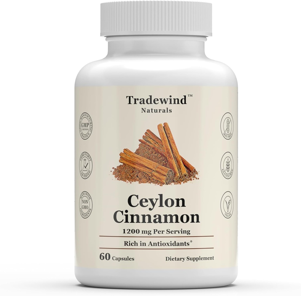Ceylon Cinnamon 1200mg - Pure Ceylon Cinnamon - Vegan - Non- GMO - Support Heart and Cognitive Health - Rich in Antioxidants - 60 Vegetabilske kapsler - Made in USA