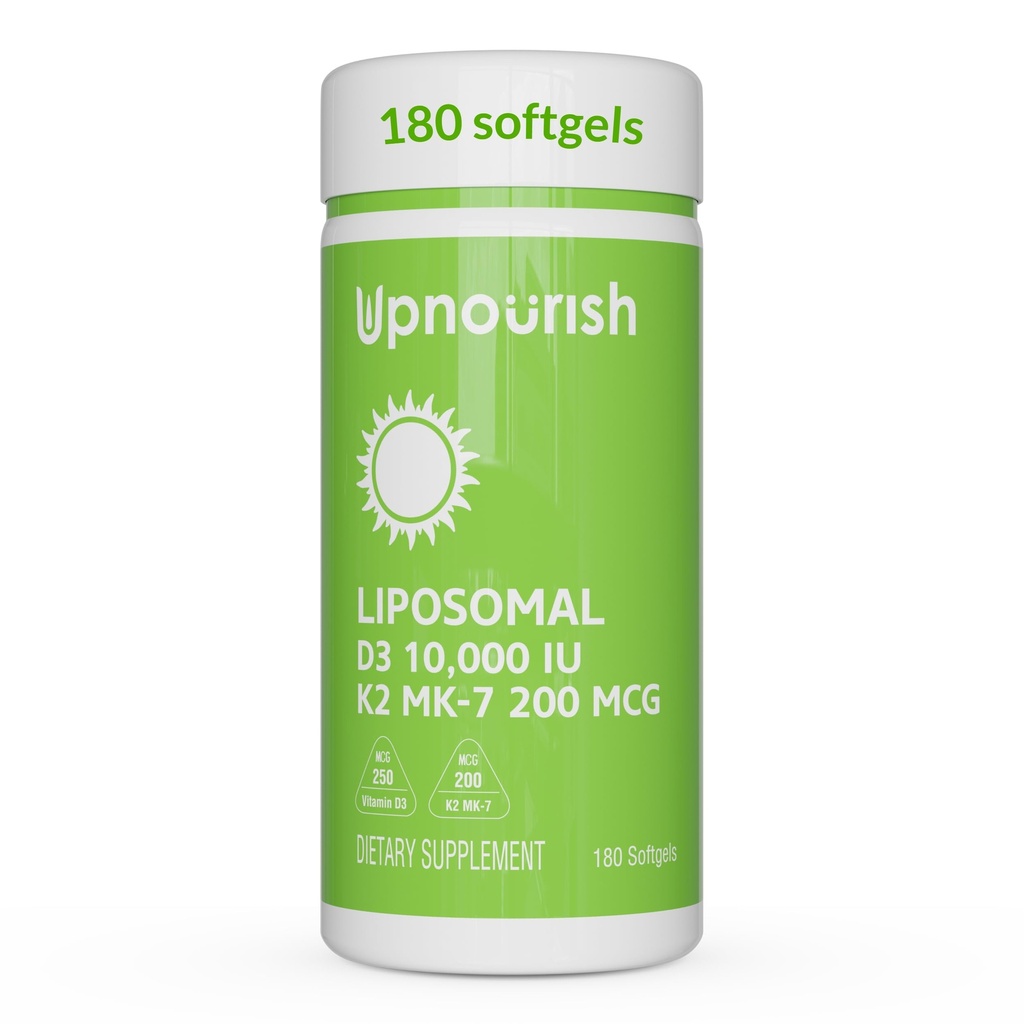 UpNourish Liposomal D3 K2 Vitamin 10000 IE D3 og K2 MK- 7 200 mcg - 180 Vitamin D3 k2 (Vitamina D3 con K2) Mini Softgels - Let at synke K2 D3 Vitamin