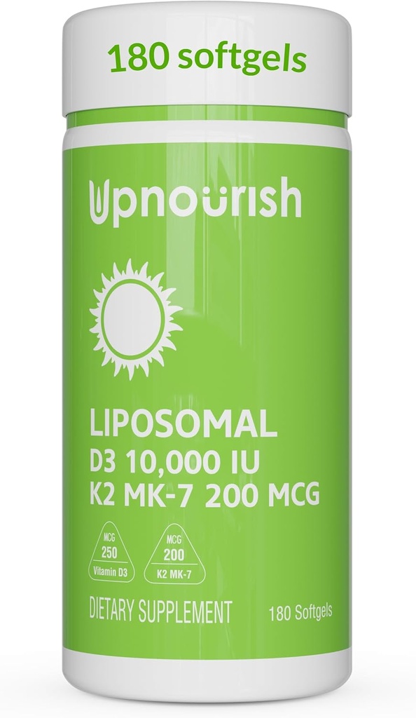 UpNourish Liposomal D3 K2 Vitamin 10000 IE D3 og K2 MK- 7 200 mcg - 180 Vitamin D3 k2 (Vitamina D3 con K2) Mini Softgels - Let at synke K2 D3 Vitamin