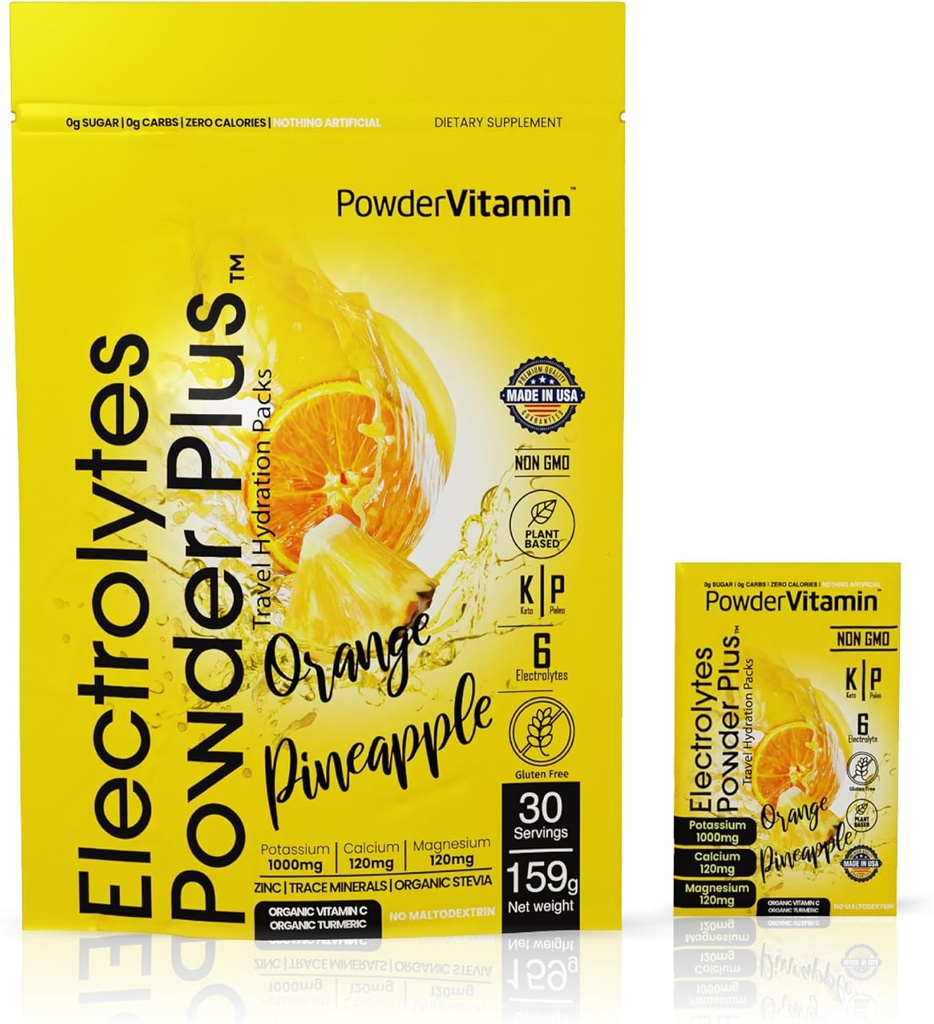 PowderVitamin Electrolytes Powder Plus, Keto, Orange Ananas, Sugar Free, 1000mg Kalium, 120mg Calcium, 120mg Magnesium, Non- GMO, Zero Calories, 30 Hydrationspakker