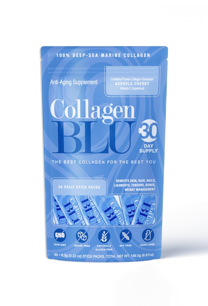Collagen BLU Premium Marine Collagen med superfood afledte C-vitamin til bedste absorption, type 1 og 3, non-GMO, Paleo & Keto Friendly, 30 Stick Packs