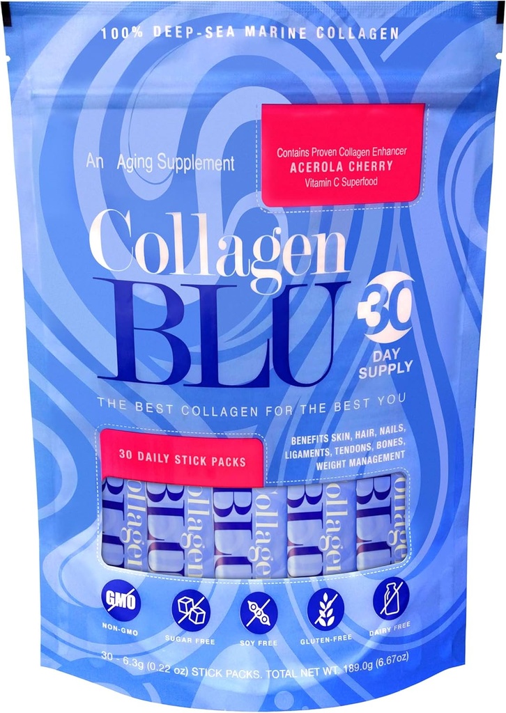 Collagen BLU Premium Marine Collagen med superfood afledte C-vitamin til bedste absorption, type 1 og 3, non-GMO, Paleo & Keto Friendly, 30 Stick Packs