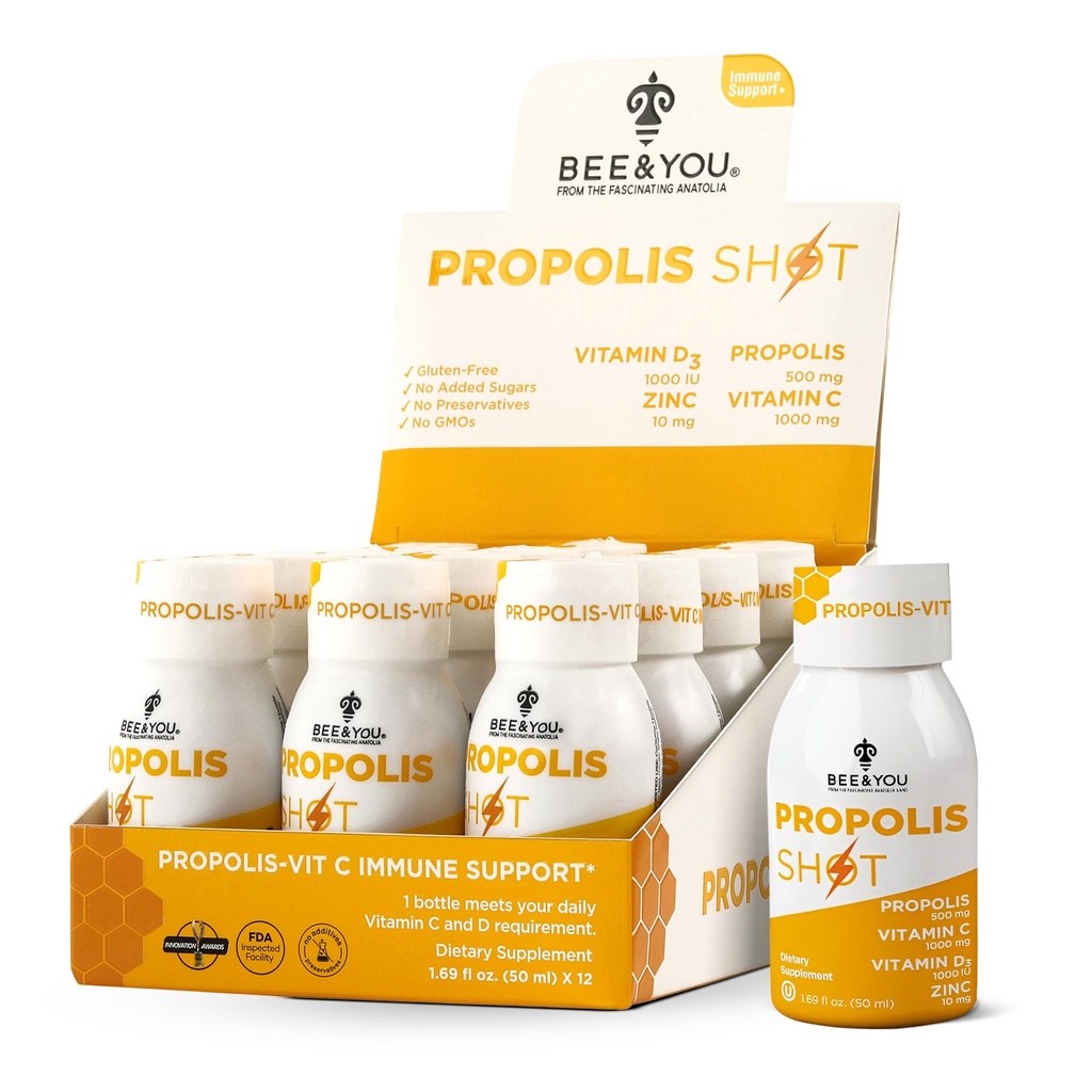BEE og du immunforsvar 100% Natural Propolis Shot Supplement, Antioxidanter, C-vitamin, VIT D3, Zink, Orange Juice, Raw Honey, 1,69 fl. oz x 12 flasker