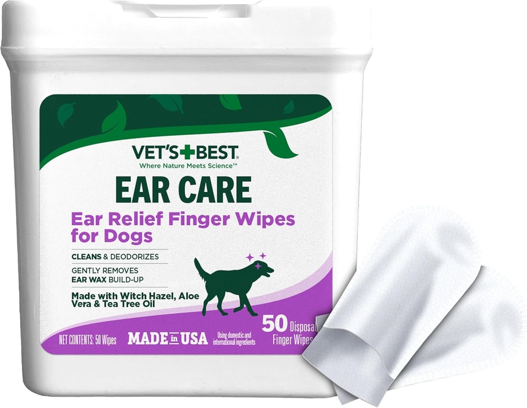 Vet 's Best Ear Relief Finger Wipes, Ear Cleansing Finger Wipes til hunde, Soots & Deodorizes, 50 Diskret Dog Wipes