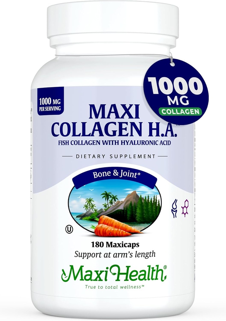 Maxi Health Marine Collagen Pills - 1000 mg Type 1 Collagen til kvinder og mænd med Hyaluronsyre supplement til fælles & hudstøtte - Rene Kosher kapsler (180 Maxicaps)