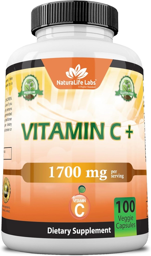 NaturaLife Labs Vitamin C med vitamin D3, zink, Hyldebær & Ginger Root - 1.700 mg per servering - 100 kapsler, Vegan, Non- GMO, Gluten Free