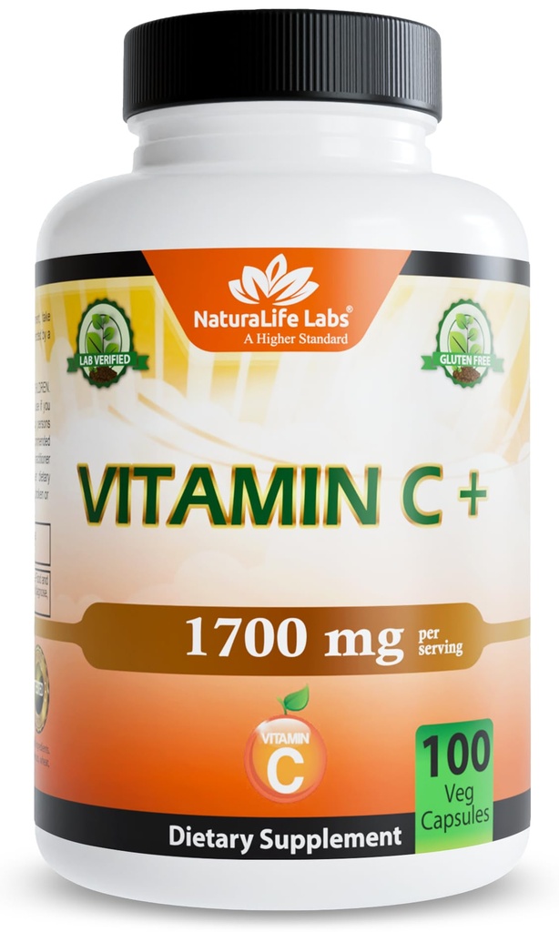NaturaLife Labs Vitamin C med vitamin D3, zink, Hyldebær & Ginger Root - 1.700 mg per servering - 100 kapsler, Vegan, Non- GMO, Gluten Free