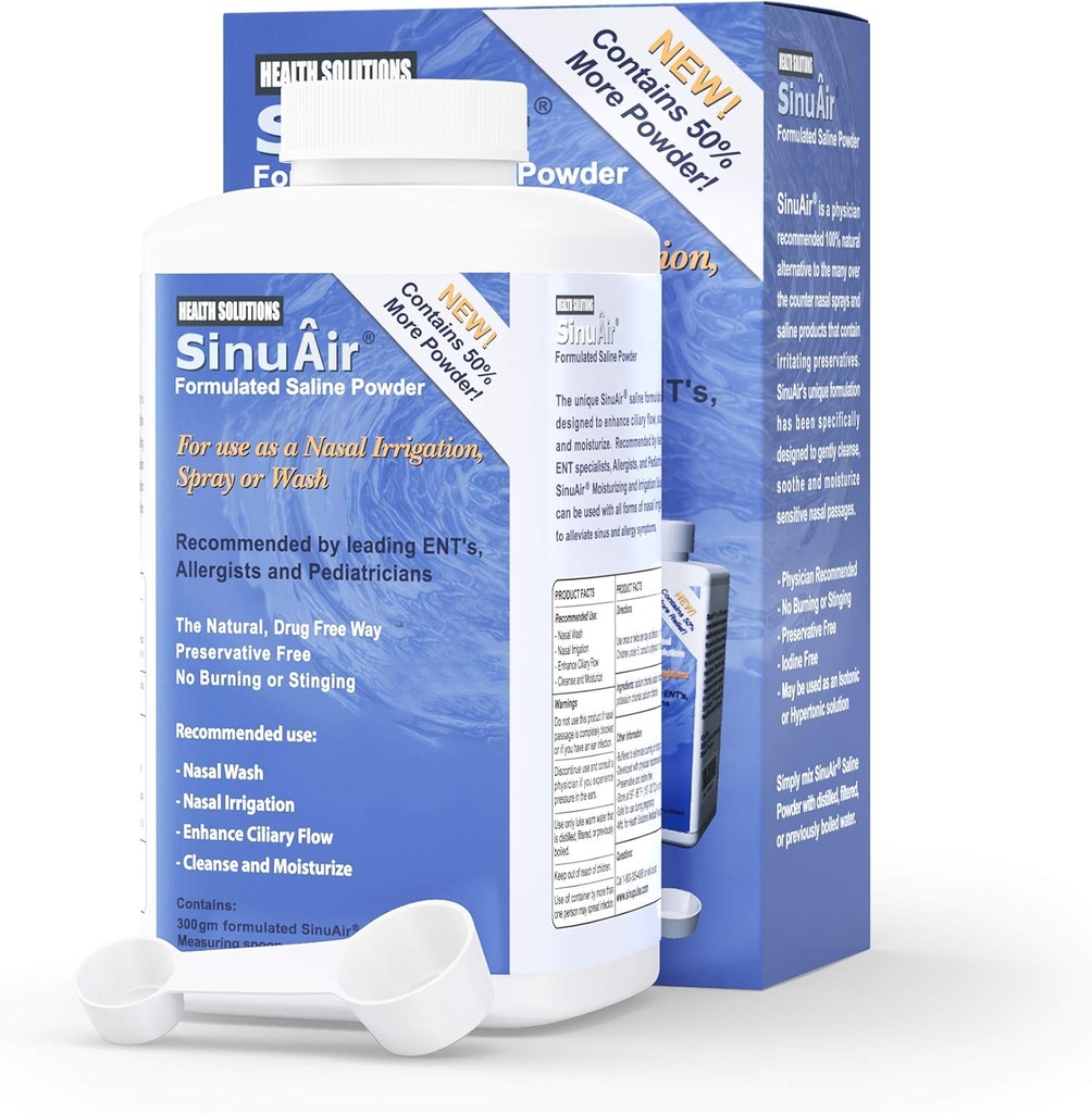 SinuPulse Elite SinuAir Sinus Rinse Salt Salt Solution - Saline Powder til SinuPulse System, Neti Pot Flush, Nasal Wash Squeeze Flaske, & Næsevanding til Sinuser, 300g