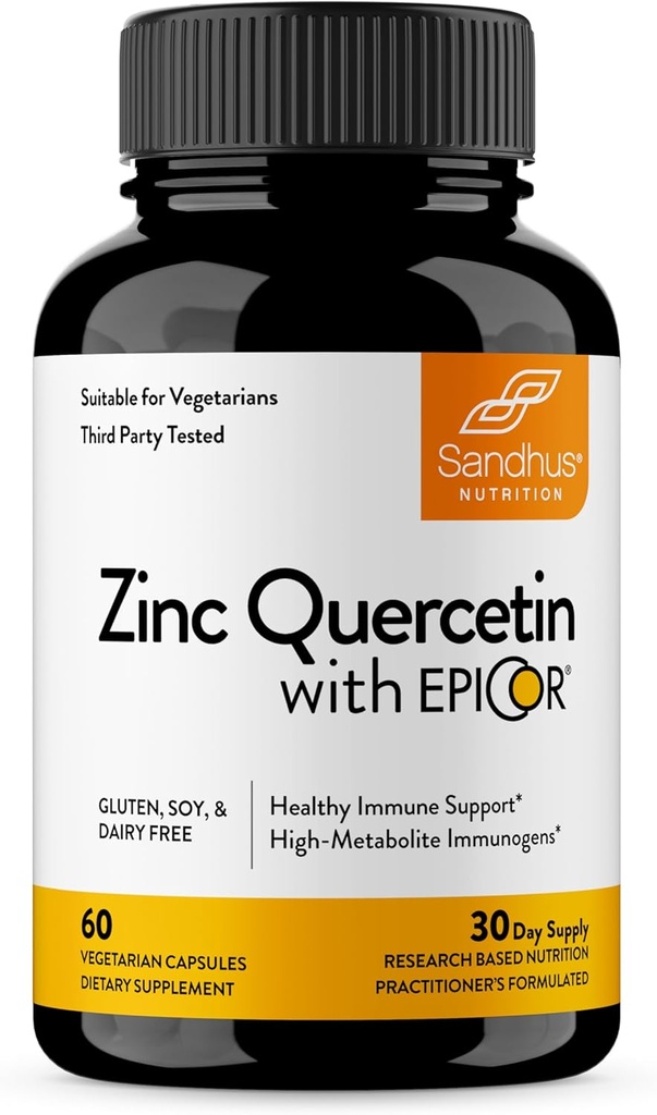Sandhu 's Zink Quercetin med EpiCor 60 Vegetariske Kapsler - Glutenfri Zink supplement - Høj potens immunforsvar