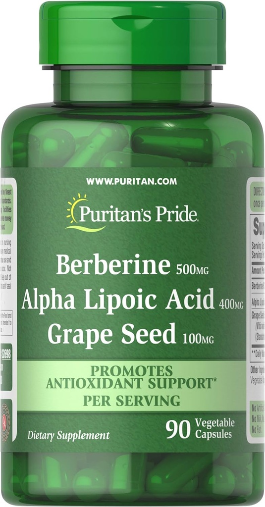 Puritan 's Pride Berberine, Alpha Lipoic Acid & Grape Seed, fremmer Antioxidant Support, 90 Vegetabilske kapsler
