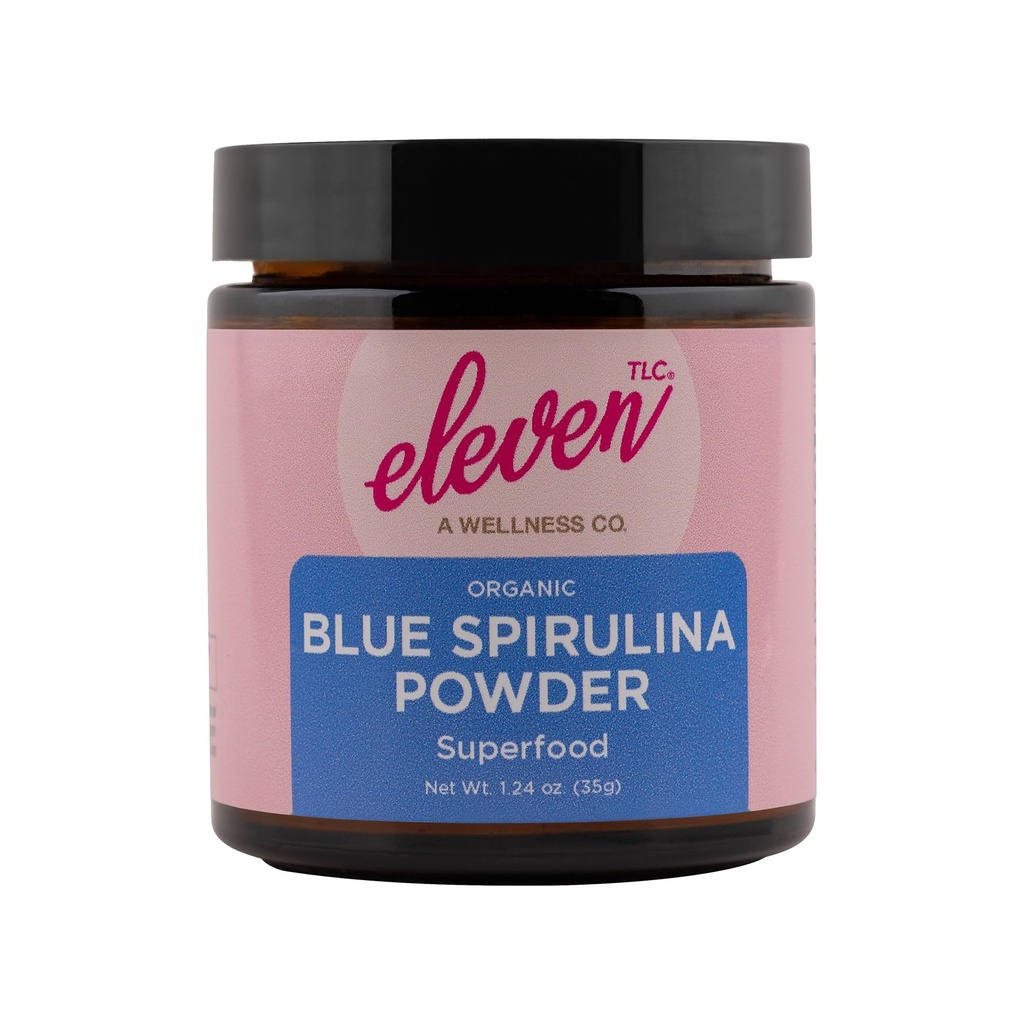 Elleve TLC, Organic Blue Spirulina Powder, Flavorless, Superfood, Vitaminer + Minerals, Espirulina Azul en Polvo, Plant Protein, Non- GMO, Non Messy Glass Jar, 1.24 Ounce 35 Servering