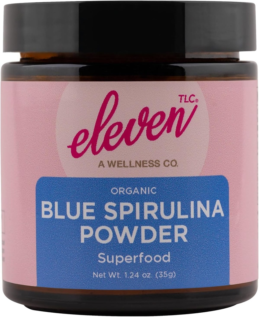 Elleve TLC, Organic Blue Spirulina Powder, Flavorless, Superfood, Vitaminer + Minerals, Espirulina Azul en Polvo, Plant Protein, Non- GMO, Non Messy Glass Jar, 1.24 Ounce 35 Servering