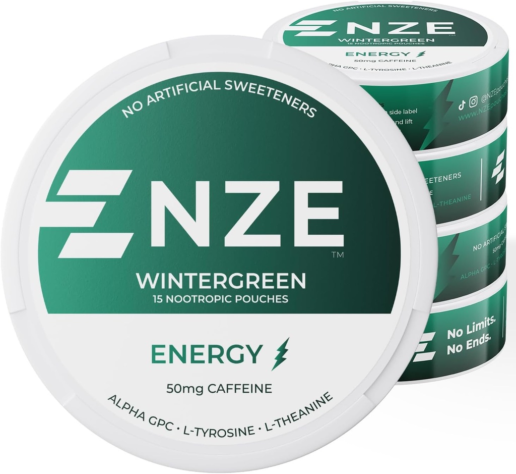 NZE Koffein Nootrope Pouches (Wintergreen) - Energy Pouches med 50 mg Koffein, Alpha GPC, L-Tyrosine & L-Theanin med ingen sukker eller kunstige sødestoffer - 15 Pouches Per Can - 5 Pack