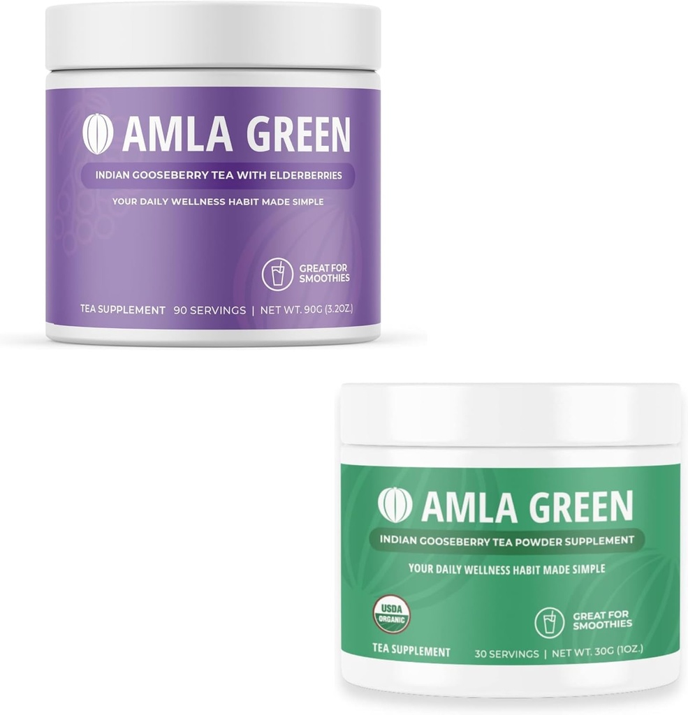 Amla Powder & Green Tea Superfood Supplement, Antioxidant Support, Lavet med hyldebær (90 Servere) & indiske Goosebær (30 Servere), Økologisk, Vegan