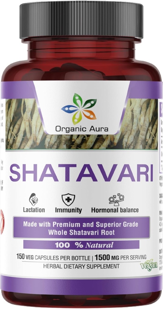 Organic Aura Shatavari Capsules.150 Veg Kapsler. 1500 mg per servering. Fremragende Herb støtter kvinder reproduktive og immunforsvar sundhed og som amning supplement. 100% Natural Herbal Supplement.