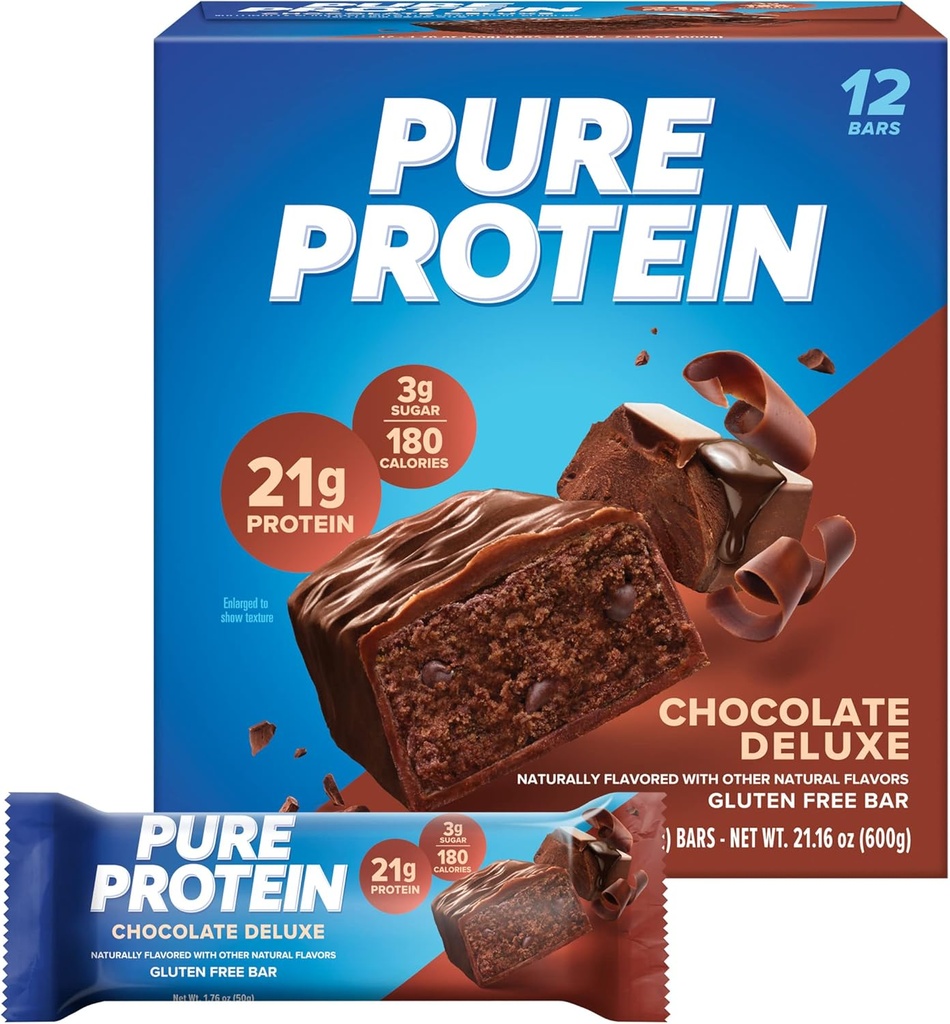 Pure Protein Bars, High Protein, Nutrious Snacks to Support Energy, Low Sugar, Gluten Free, Chokolade Deluxe, 1.76 oz., 12 Greve (pakke med 1) (Emballage kan variere)