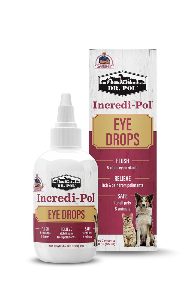 Dr. Pol Incredi- Pol øjendråber til hunde, katte og alle dyr - Hundeøjendråber til Flush og Clean Away Eye Irritants - Forsigtig pleje og lindrende lindring for øje ubehag - 3 Fluid ounces