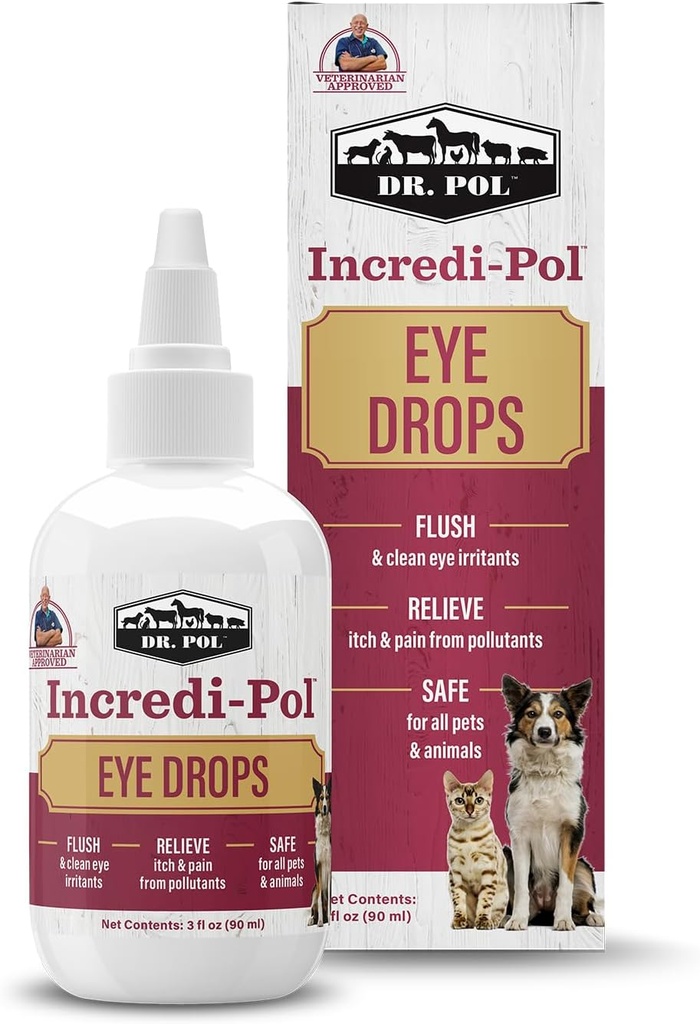 Dr. Pol Incredi- Pol øjendråber til hunde, katte og alle dyr - Hundeøjendråber til Flush og Clean Away Eye Irritants - Forsigtig pleje og lindrende lindring for øje ubehag - 3 Fluid ounces