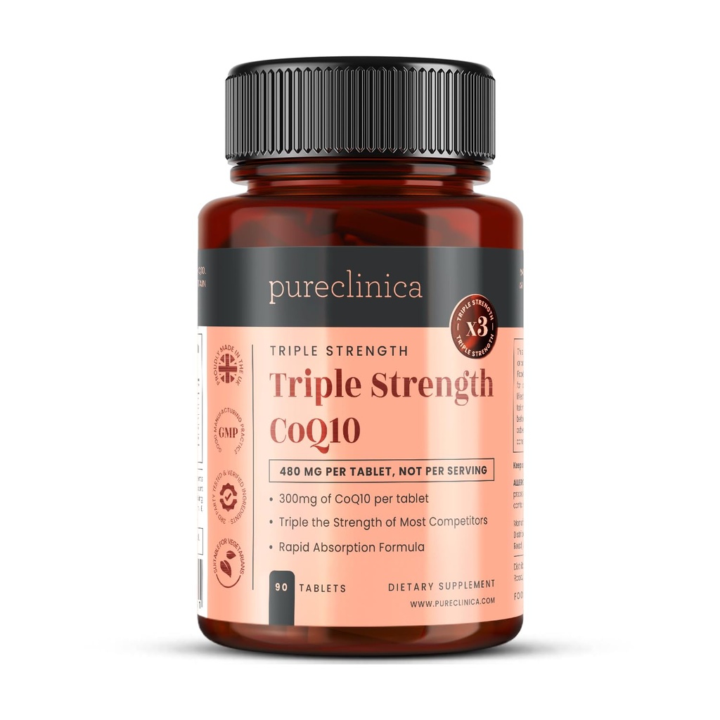 pureclinica Gæret CoQ10 300mg x 90 tabletter. Non GMO, USP Grad. med tilsat C-vitamin og sort peber ekstrakt til absorption.