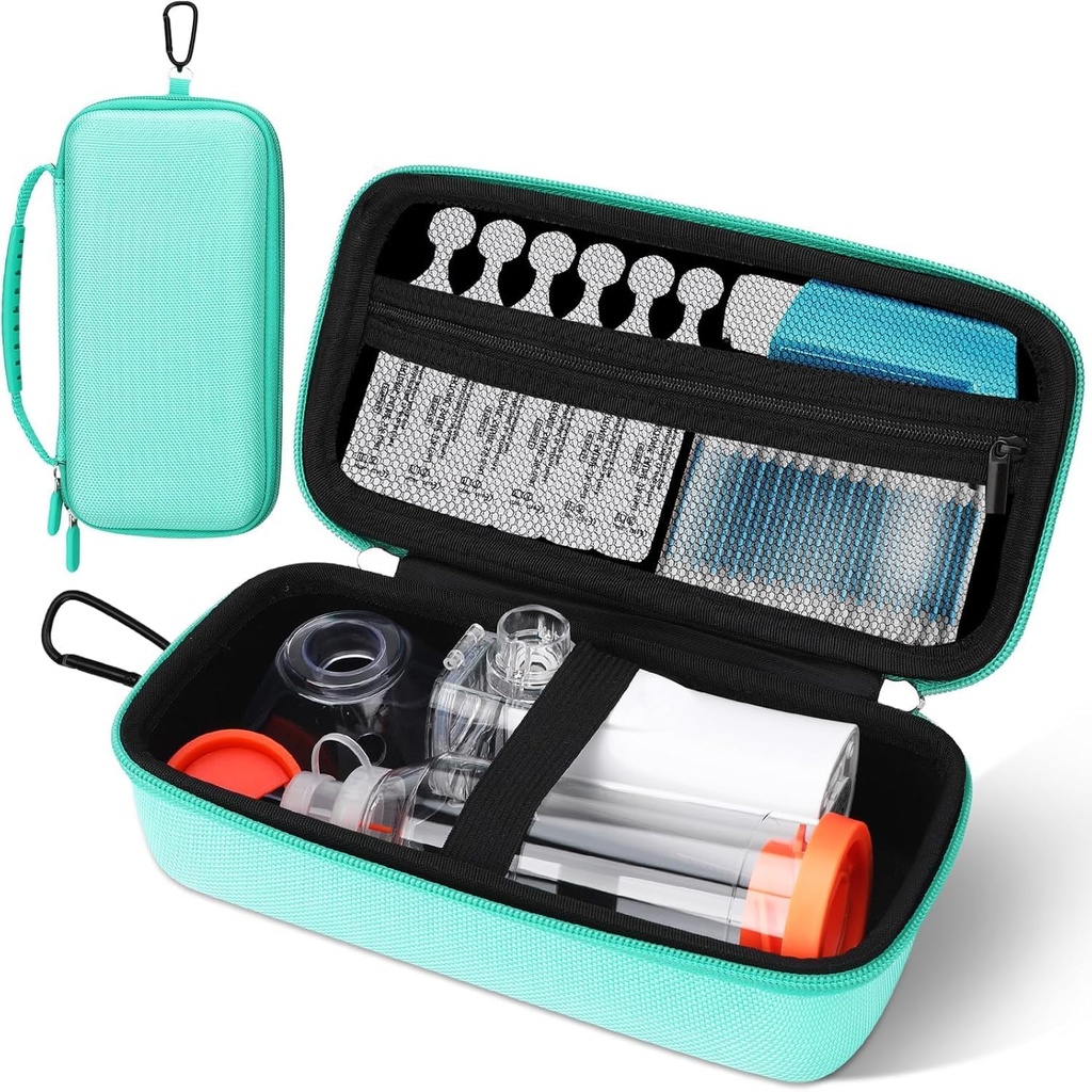 Astma Inhaler Case, Portable Nebulizer Organizer, Rejse- Klar med Mesh Pocket, Double Zippers, Silicone Handle, Børn og voksne, Stilfuld Grøn