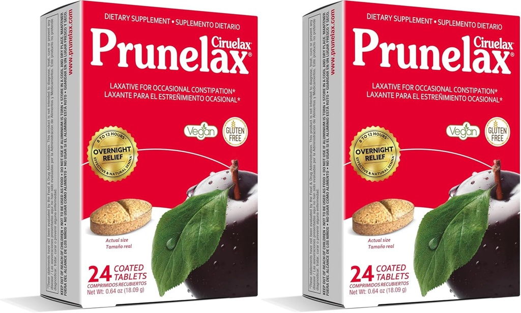 Prunelax Ciruelax Regelmæssig Styrke Laxative Tablets - Natural- Ingredient Based Laxative for Occasional Constipation, Forudsigelig Overnatning Relief med Senna Leaf Ekstrakter, 8-12 Hr Fast- Action- 24ct