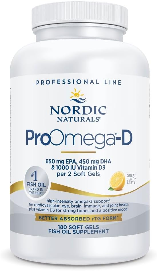 Nordic Naturals ProOmega- D, Lemon Flavor - 180 Soft Gels - 1280 mg Omega-3 + 1000 IE D3 - højpotens Fish Oil - EPA & DHA - Brain, Eye, Heart, & immunforsvar - Non-GMO - 90 Servering