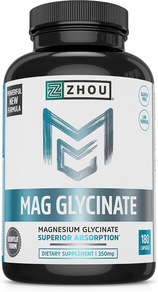 Zhou Magnesium Glycinate - Pure Mag Glycenat supplement til mænd og kvinder, Natural Sleep Aid, Heart Health Support, Muskelafslapning & Vitality - 180 Veganske venlige kapsler